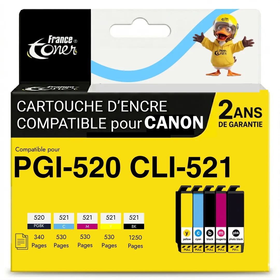 Pack de 5 cartouches d'encre FranceToner équivalent à CANON CLI521 PGI520BK (CLI521-X4+520) - 4 COULEURS - Format Standard
