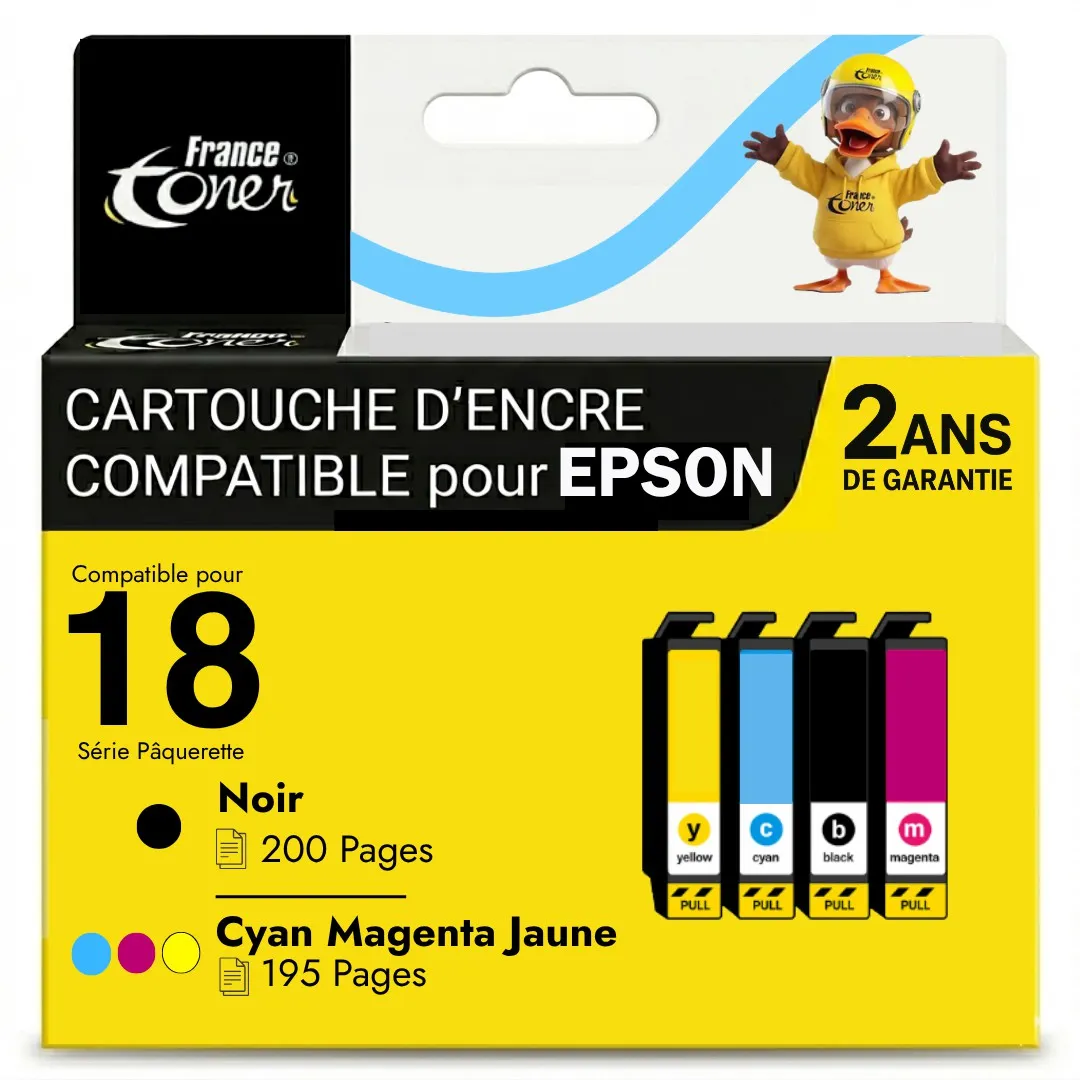 Pack de 4 cartouches d'encre FranceToner équivalent à EPSON 18 Série Pâquerette (C13T18064010) - 4 COULEURS - Format Standard