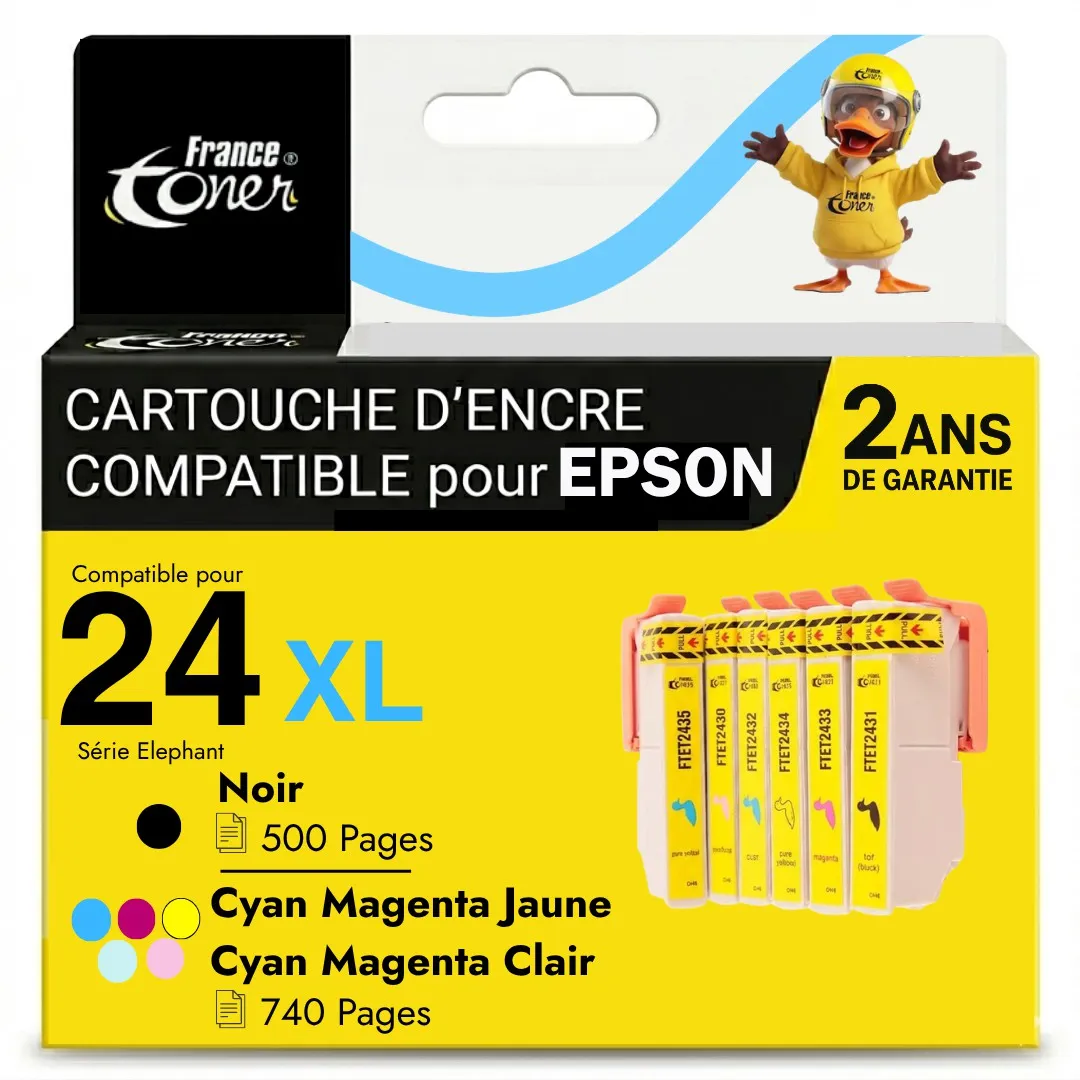 Pack de 6 cartouches d'encre FranceToner équivalent à EPSON 24XL Série éléphant (C13T24384010) - 6 COULEURS - Format XL