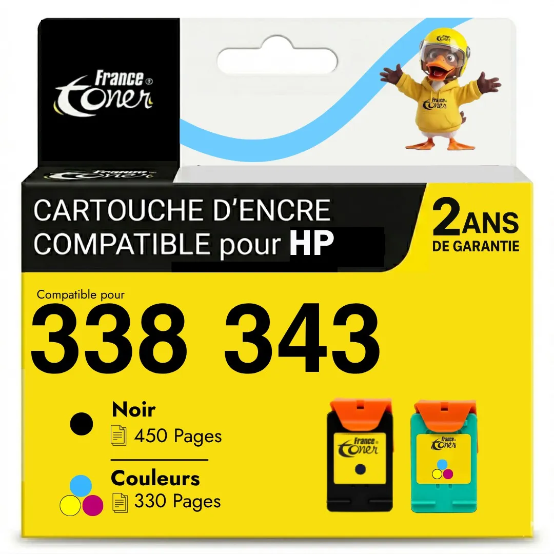 Pack de 2 cartouches d'encre FranceToner équivalent à HP 338 343 (C8765EE-C8766EE) - 4 COULEURS - Format Standard