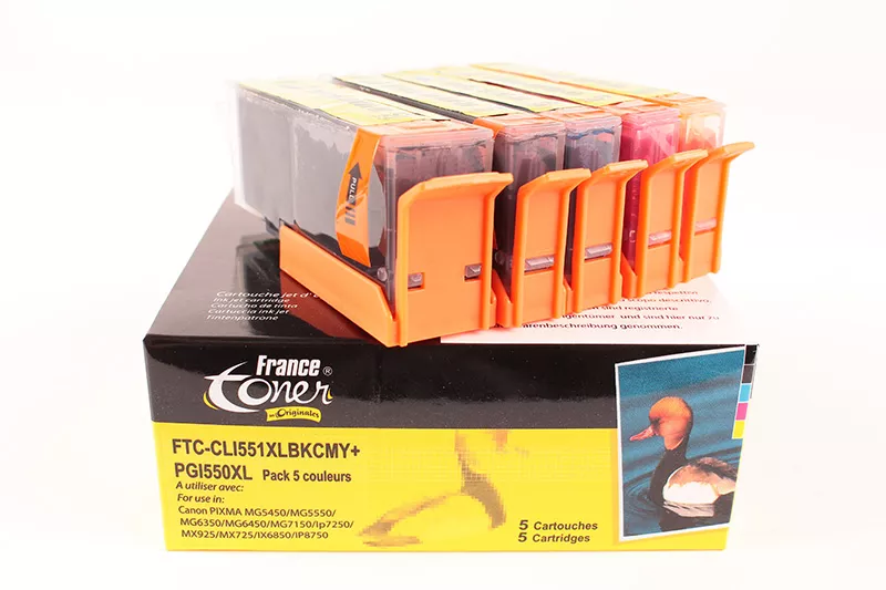 Pack de 5 cartouches d'encre FranceToner équivalent à CANON CLI551 PGI550PGBK (CLI551_550PACK) - 5 COULEURS - Format XL