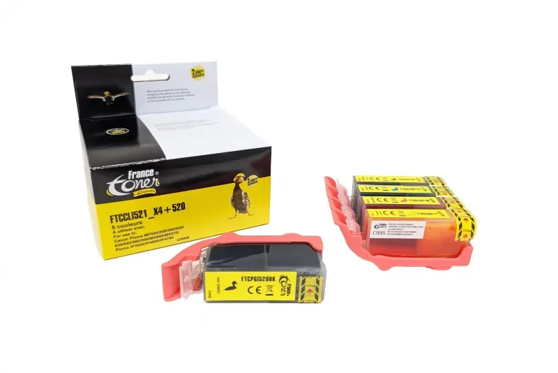 Pack de 5 cartouches d'encre FranceToner équivalent à CANON CLI521 PGI520BK (CLI521-X4+520) - 4 COULEURS - Format Standard